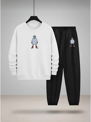 Lorvex Çocuk Bisiklet Yaka Sweatshirt ve Eşofman Takım Güvercin Baskılı 3 Iplik Şardonlu
