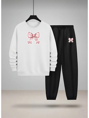 Lorvex Kız Çocuk Bisiklet Yaka Sweatshirt ve Eşofman Takım Pembe Kurdele Baskılı 3 Iplik Şardonlu