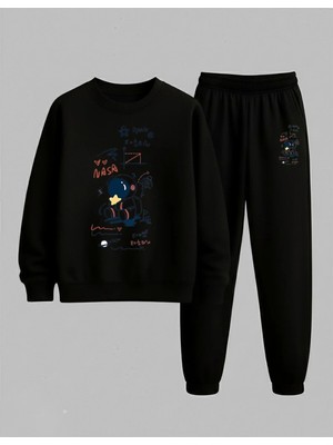 Lorvex Çocuk Bisiklet Yaka Sweatshirt ve Eşofman Takım Uzay Hesabı Baskılı 3 Iplik Şardonlu