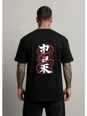 Lorvex Ejderha Sırt Baskılı Oversize Unisex Pamuklu Siyah Tshirt-Tişört