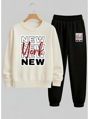 Lorvex Sweatshirt-Eşofman Takım Çocuk Beyaz Bisiklet Yaka New New Baskılı 3 Iplik Şardonlu