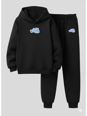 Lorvex Çocuk Kapüşonlu Takım Düşünceli Ayı Baskılı 3 Iplik Şardonlu Sweatshirt-Eşofman Takım