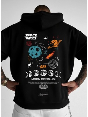 Lorvex Kapüşonlu Hoodie Oversize Unısex %100 Pamuklu Space Ways Baskılı