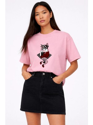 Lorvex Kedi Maskeli Kadın Baskılı Oversize Unisex Pamuklu Pembe Tshirt-Tişört