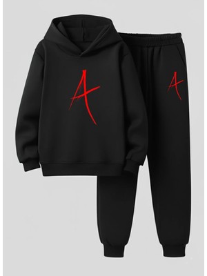 Lorvex Çocuk Kapüşonlu Sweatshirt-Eşofman Takım Kırmızı A Baskılı 3 Iplik Şardonlu