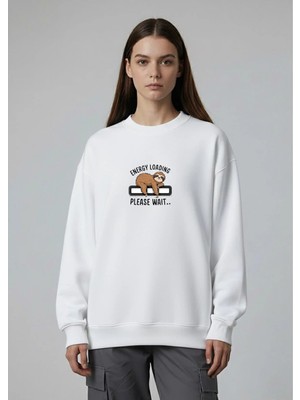 Lorvex Oversize Unısex Bisiklet Yaka Beyaz Sweatshirt Energy Loadıng Baskılı