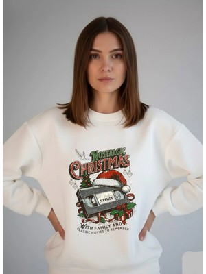 Lorvex Beyaz Sweatshirt Unisex Oversize Bisiklet Yaka Nostalgic Christmas Baskı