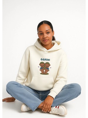 Lorvex Oversize Ikiz Ayılar Baskı Unisex Kapüşonlu Beyaz Sweatshirt