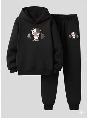 Lorvex Çocuk Kapüşonlu Tatlı Inek Baskılı 3 Iplik Şardonlu Sweatshirt Eşofman Takım Kalın Kışlık Spor