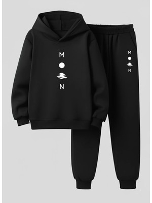 Lorvex Çocuk Sweatshirt-Eşofman Takım Kapüşonlu Dikey Moon Baskılı 3 Iplik Şardonlu
