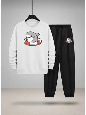 Lorvex Çocuk Bisiklet Yaka Takım Sweatshirt ve Eşofman Sevimli Köpekbalığı Baskılı 3 Iplik Şardonlu