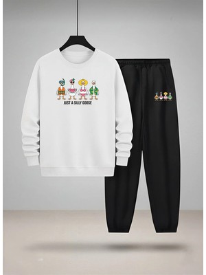 Lorvex Çocuk Bisiklet Yaka Sweatshirt ve Eşofman Takım Ördek Ailesi Baskılı 3 Iplik Şardonlu