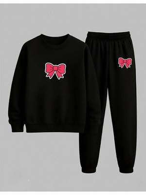 Lorvex Sweatshirt-Eşofman Takım Kız Çocuk Bisiklet Yaka Tatlı Pembe Kurdele Baskılı 3 Iplik Şardonlu