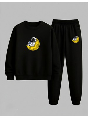 Lorvex Çocuk Bisiklet Yaka Sweatshirt-Eşofman Takım Unısex Keyifci Astronot Baskılı 3 Iplik Şardonlu