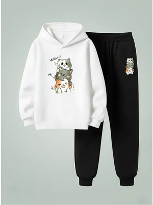 Lorvex Unısex Sweatshirt-Eşofman Takım Çocuk Kapüşonlu Takım Üst Üste Kediler Baskılı 3 Iplik Şardonlu