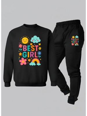 Lorvex Kız Çocuk Sweatshirt-Eşofman Takım Bisiklet Yaka Best Girl Baskılı 3 Iplik Şardonlu