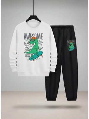 Lorvex Erkek Çocuk Sweatshirt-Eşofman Takım Bisiklet Yaka Kaykay Dinazor Baskılı 3 Iplik Şardonlu