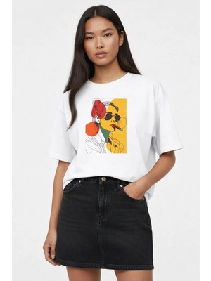 Lorvex Kadın Oversize T-Shirt Renkli Çizim Kadın Baskılı %100 Pamuklu Tişört