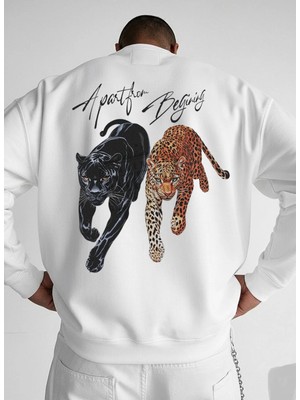 Lorvex Unisex Oversize Bisiklet Yaka Beyaz Sweatshirt Two Jaguar Baskılı