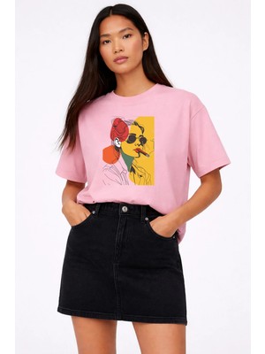 Lorvex Kadın Oversize T-Shirt Renkli Çizim Kadın Baskılı %100 Pamuklu Tişört