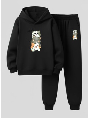 Lorvex Unısex Sweatshirt-Eşofman Takım Çocuk Kapüşonlu Takım Üst Üste Kediler Baskılı 3 Iplik Şardonlu