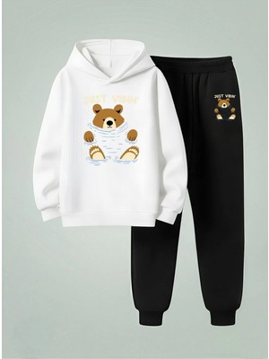 Lorvex Sweatshirt-Eşofman Takım Çocuk Kapüşonlu Takım Keyifci Ayı Baskılı 3 Iplik Şardonlu