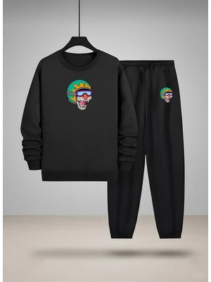 Lorvex Çocuk Sweatshirt-Eşofman Takım Bisiklet Yaka Kasklı Kedi Baskılı 3 Iplik Şardonlu