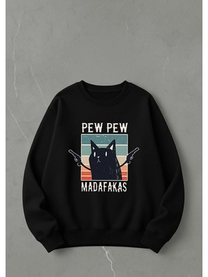 Lorvex Sweatshirt Unısex Baskılı 100% Pamuk Oversize Pew Cat Sweatshirt
