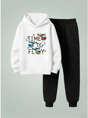 Lorvex Kapüşonlu Çocuk Sweatshirt-Eşofman Takım Time To Fly Baskılı 3 Iplik Şardonlu