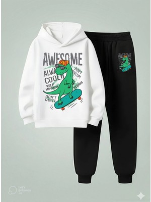Lorvex Çocuk Kapüşonlu Takım Awesome Baskılı 3 Iplik Şardonlu Sweatshirt-Eşofman Takım