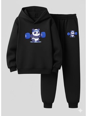 Lorvex Çocuk Kapüşonlu Takım Tatlış Panda Baskılı 3 Iplik Şardonlu Sweatshirt Eşofman Kalın Kışlık Spor