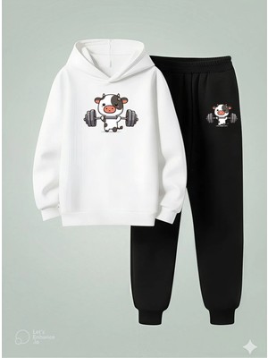 Lorvex Çocuk Kapüşonlu Tatlı Inek Baskılı 3 Iplik Şardonlu Sweatshirt Eşofman Takım Kalın Kışlık Spor