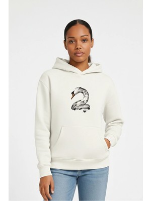 Lorvex Kadın Sweatshirt Oversize Kapüşonlu %100 Pamuklu Kuğu Baskılı