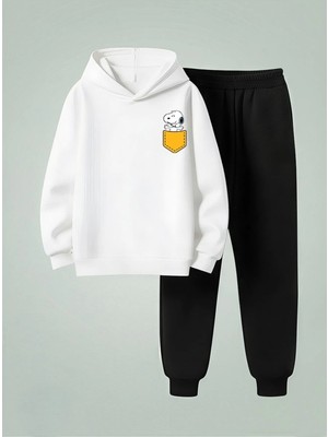 Lorvex Sweatshirt-Eşofman Takım Çocuk Unısex Kapüşonlu Takım Cepteki Köpek Baskılı 3 Iplik Şardonlu