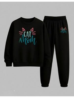 Lorvex Kız Çocuk Bisiklet Yaka Sweatshirt ve Eşofman Takım Kedi Annesi Çocuk Baskılı 3 Iplik Şardonlu