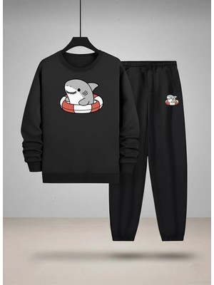 Lorvex Çocuk Bisiklet Yaka Takım Sweatshirt ve Eşofman Sevimli Köpekbalığı Baskılı 3 Iplik Şardonlu