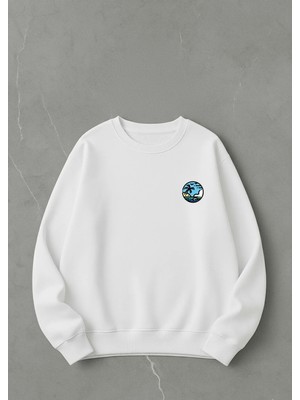Lorvex Oversize Unisex Bisiklet Yaka Sweatshirt Minimalist Deniz Dalgası Baskılı