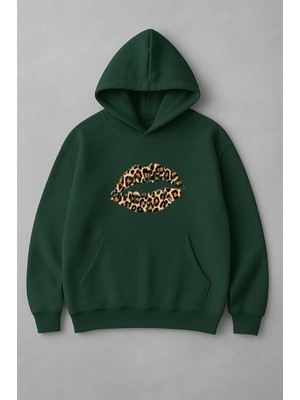 Lorvex Leopar Dudak Ön Baskı Oversize Unisex Kapüşonlu Sweatshirt