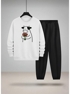 Lorvex Çocuk Bisiklet Yaka Sweatshirt ve Eşofman Takım Çiçek Tutan Inek Baskılı 3 Iplik Şardonlu