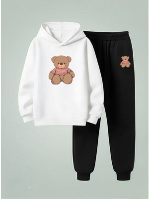 Lorvex Kapüşonlu Takım Çocuk Oturan Ayı Baskılı 3 Iplik Şardonlu Sweatshirt-Eşofman Takım