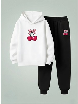 Lorvex Kız Çocuk Sweatshirt-Eşofman Takım (Kapüşonlu) Kurdeleli Kiraz Baskılı 3 Iplik Şardonlu