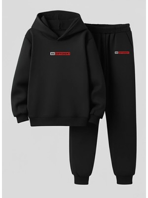 Lorvex Erkek Çocuk Kapüşonlu Takım Dıfferent Baskılı 3 Iplik Şardonlu Sweatshirt-Eşofman Takım
