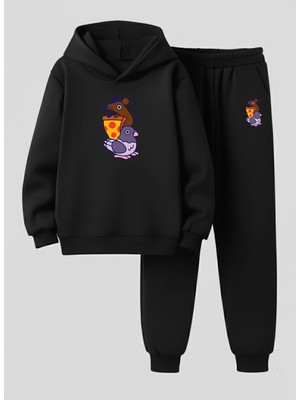 Lorvex Çocuk Kapüşonlu Takım Fare ve Güvercin Baskılı 3 Iplik Şardonlu Sweatshirt-Eşofman Takım