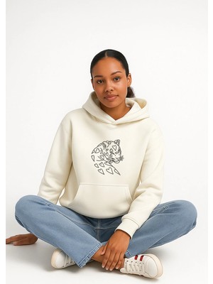 Lorvex Kapüşonlu Kadın Hoodie Oversize %100 Pamuklu Tiger Love Baskılı