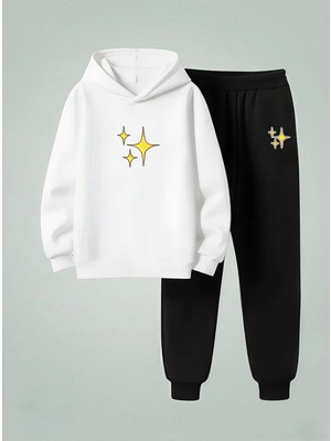 Lorvex Unısex Çocuk Sweatshirt-Eşofman Takım (Kapüşonlu) Parlak Yıldız Baskılı 3 Iplik Şardonlu