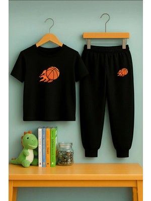 Lorvex Çocuk Eşofman-Tişört Kombin | 100% Pamuk Ateşli Basket Baskılı Set | Rahat Kalıp Fancy Trend