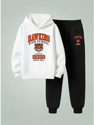 Lorvex Erkek Çocuk Kapüşonlu Takım Hawkıns Baskılı 3 Iplik Şardonlu Sweatshirt-Eşofman Takım