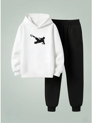 Lorvex Sweatshirt-Eşofman Takım Çocuk Kapüşonlu Takım Yandan Röveşata Baskılı 3 Iplik Şardonlu