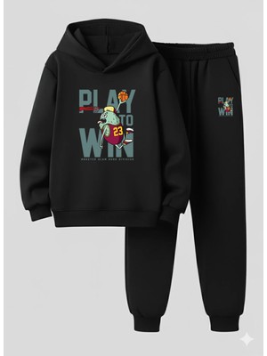 Lorvex Çocuk Kapüşonlu Takım Play To Win Baskılı 3 Iplik Şardonlu Sweatshirt-Eşofman Takım