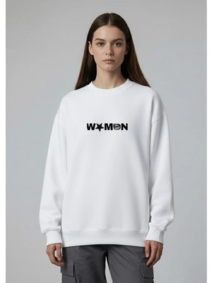 Lorvex Kadın Sweatshirt Oversize Beyaz Bisiklet Yaka Desenli Women Yazı Baskılı
